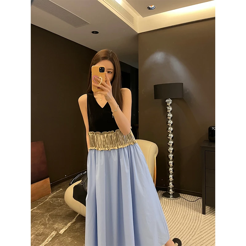 xxoossoo  油纸画配色 丝绒三段式拼接连衣裙大摆裙设计感显瘦