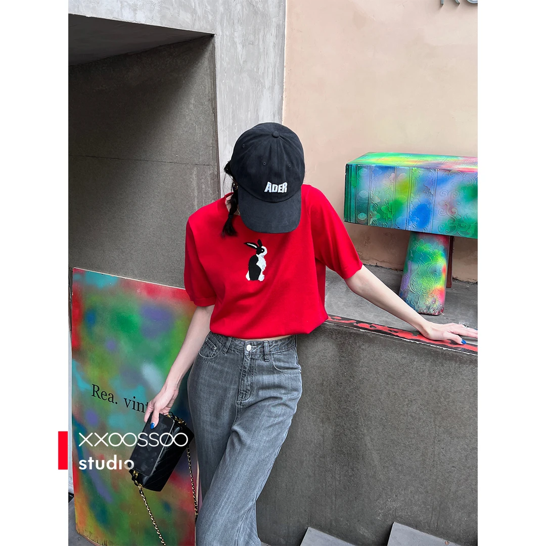 【清仓/T恤】xxoossoo 兔子刺绣 短款短袖T恤减龄百搭上衣夏