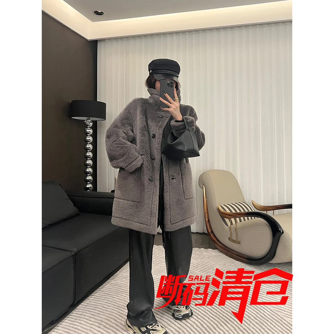 xxoossoo100羊毛蓝灰长款毛毛外套女宽松挡风大衣
