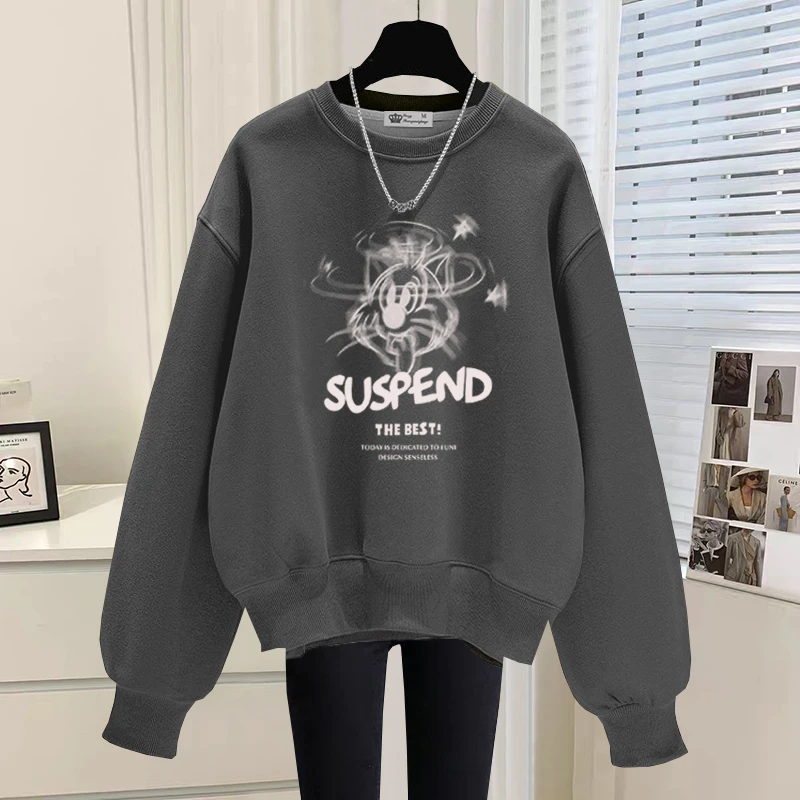 美式圆领套头卫衣女士高档宽松洋气无帽小个子加绒加厚上衣秋冬季