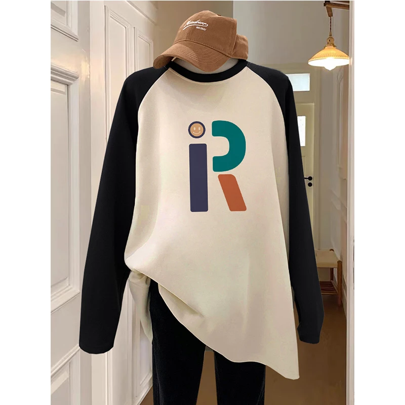 搭配鲨鱼裤插肩遮屁股磨毛长袖t恤女士中长款宽松上衣秋冬打底衫