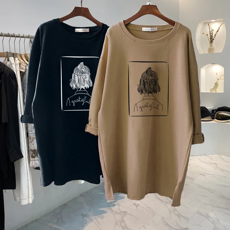 上档次磨毛长袖t恤女中长款2025秋冬新款大码宽松鲨鱼裤搭配上衣