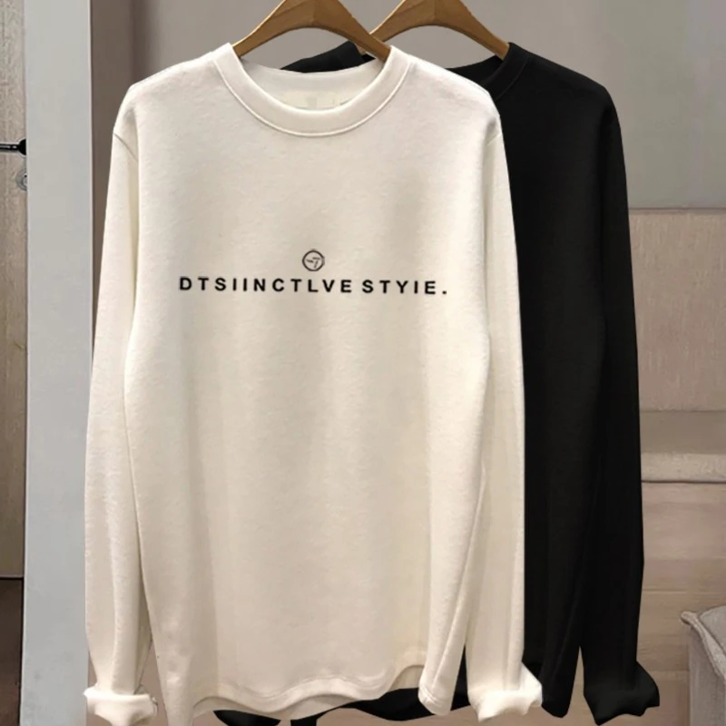 德绒小众设计感长袖t恤女士宽松休闲中长款芭比裤大码打底衫上衣