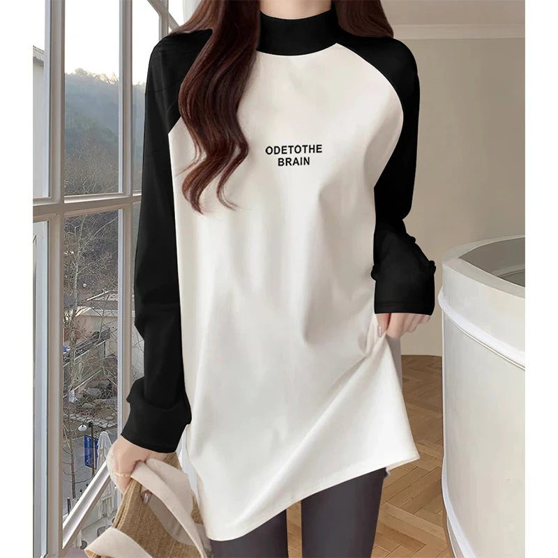 秋冬配鲨鱼裤打底衫半高领t恤磨毛长袖女中长款宽松加厚上衣内搭