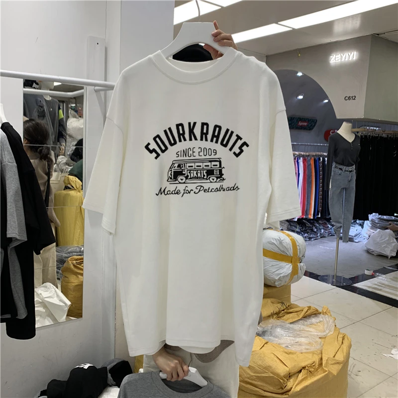 磨毛白色短袖t恤女中长款宽松休闲时尚百搭上衣加厚鲨鱼裤打底衫