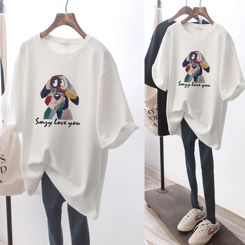 搭配鲨鱼裤圆领短袖t恤女中长款韩版宽松休闲半袖上衣打底衫夏季