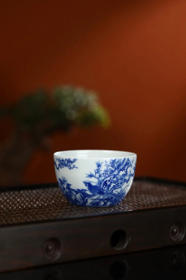 柴窑青花瓷全手工主人杯茶器茶道景德镇茶具手绘茶杯陶瓷