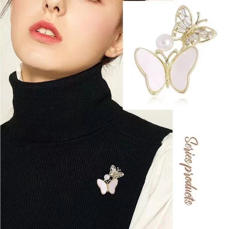 天然珍珠双蝴蝶水晶胸针气质可爱胸花轻奢时尚毛衣衬衫防走光别针