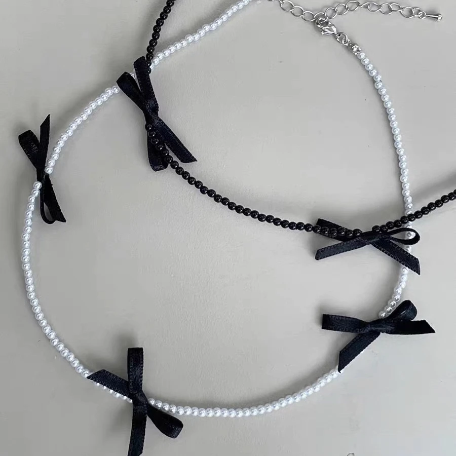 非金属布艺项链 韩国东大门REINA串珠丝带蝴蝶结项链锁骨链