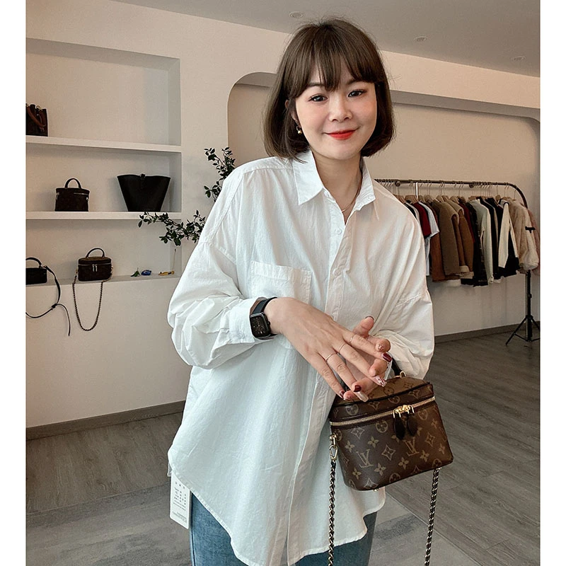 春秋时尚宽松通勤长袖衬衫设计感小众白色衬衣