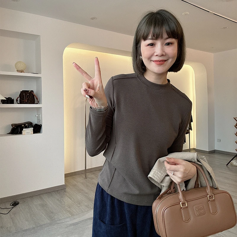 设计感高品质软糯亲肤直角肩百搭休闲长袖T恤打底衫