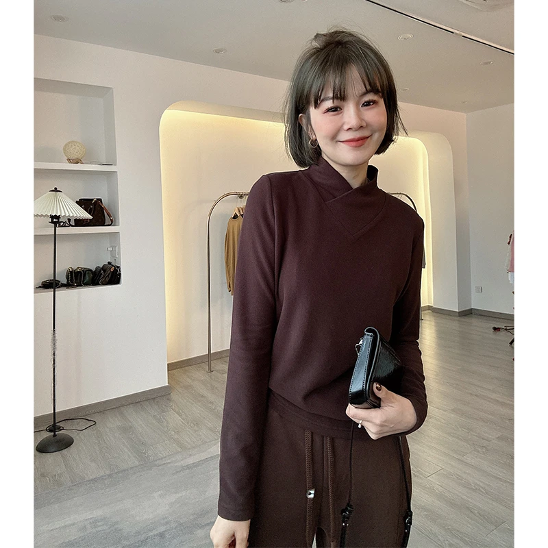 双面澳绒交叉半高领洋气长袖气质保暖百搭打底衫