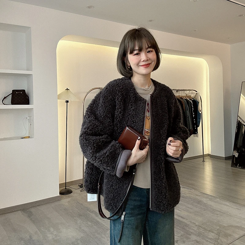 超好看韩系洋气百搭高级感绵羊毛一体宽松显瘦外套