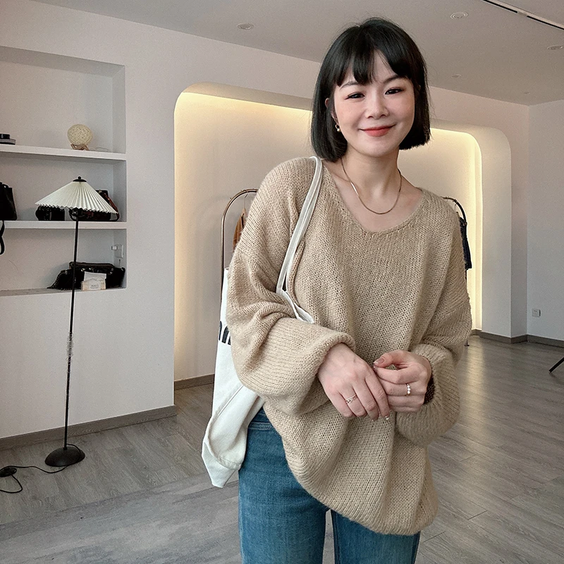 早秋韩系慵懒风宽松纯色V领针织罩衫
