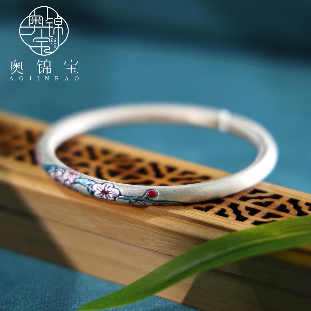 奥锦宝 足银手镯 经典砂旧桃花圆棍开口手镯纯手工中国风经典女款
