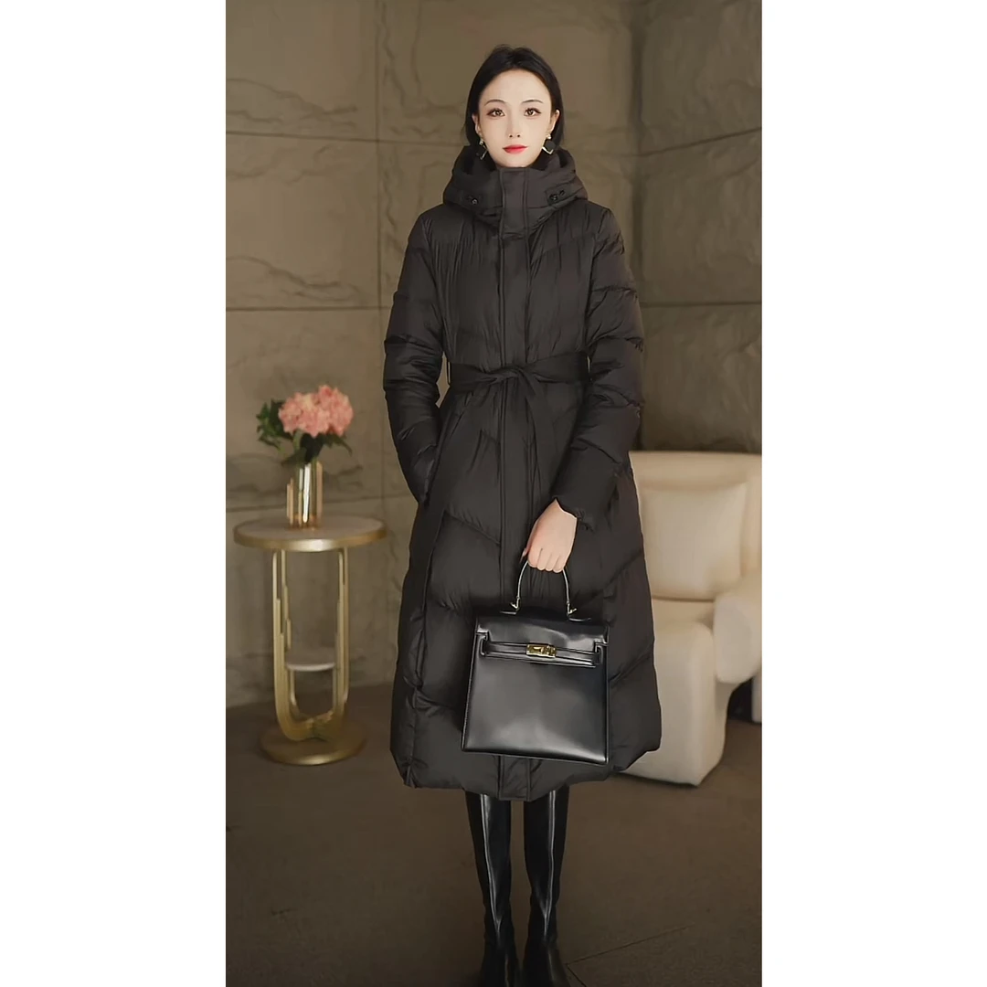 冬季新款高奢新国标90白鹅绒羽绒服女收腰显瘦连帽中长款高端外套