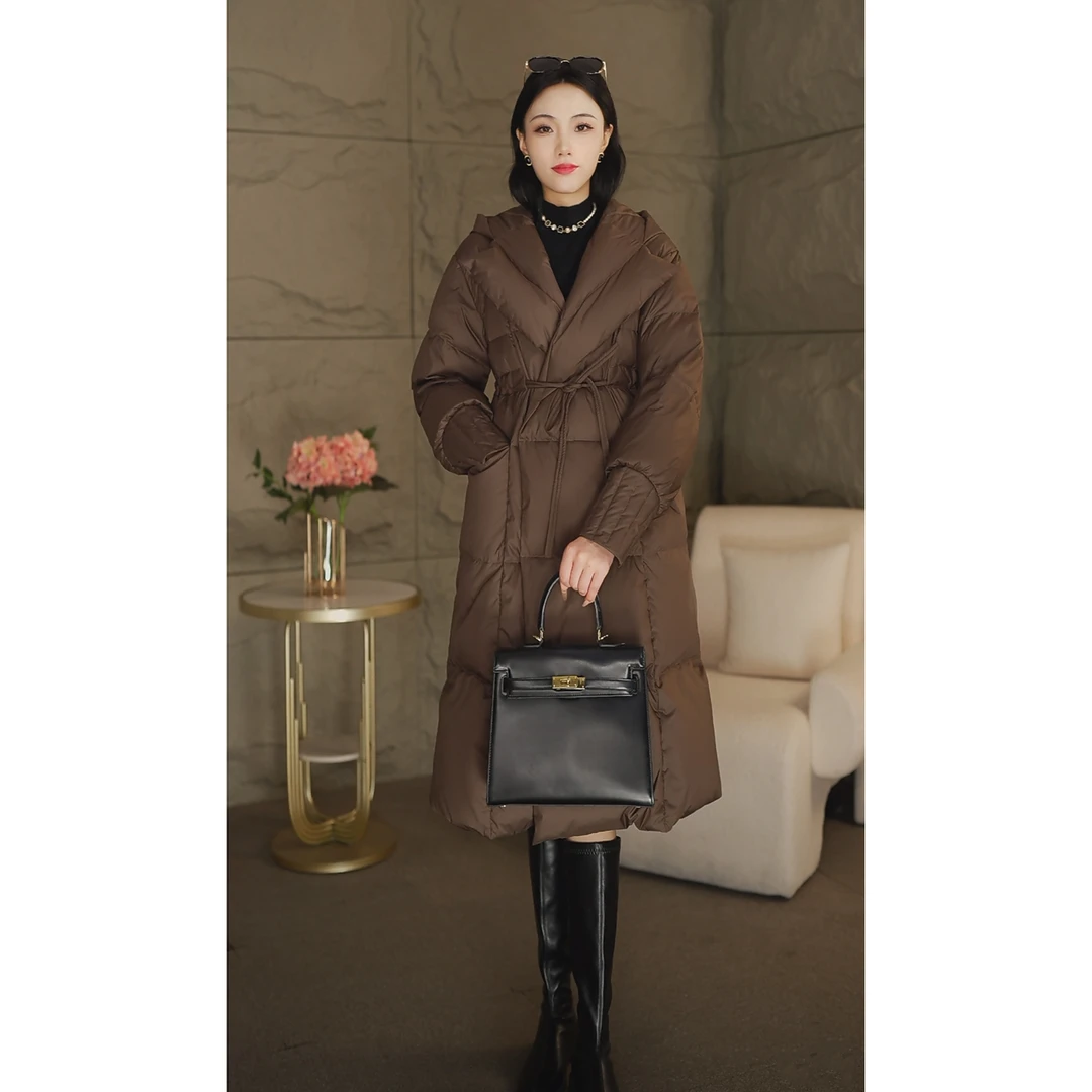 冬季新款高奢新国标90白鹅绒羽绒服女收腰显瘦中长款连帽气质外套