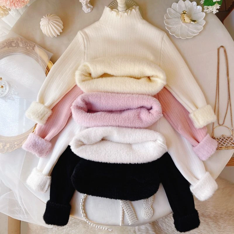 儿童一体绒毛衣2024新款秋冬装女童毛衣半高领加绒加厚女宝毛线衣