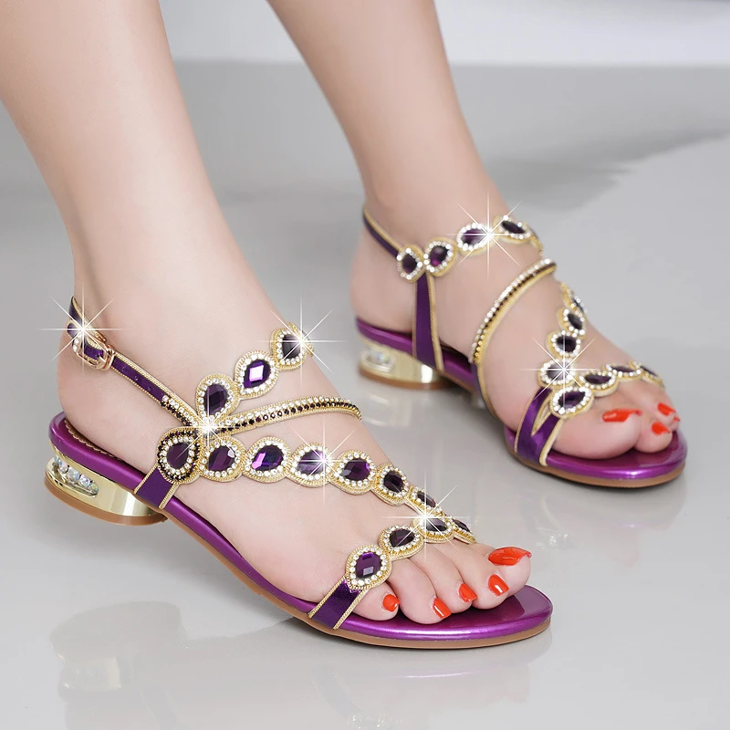 法式水钻凉鞋女夏时尚平底低跟水晶女士凉鞋百搭波西米亚粗跟舒适