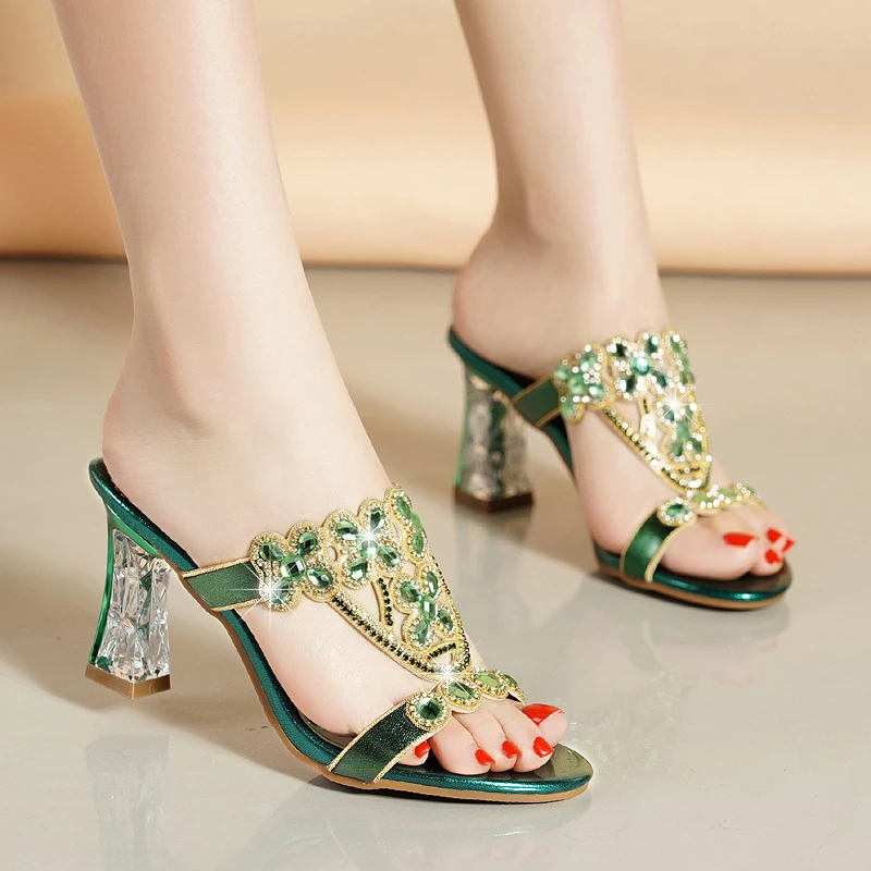 新款水钻凉鞋女2025年夏季百搭中跟高跟时尚外穿拖鞋粗跟镶钻水晶