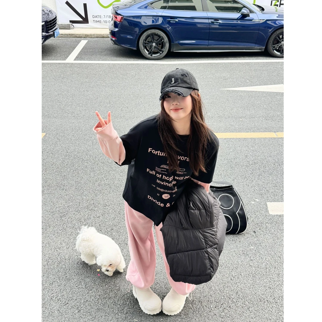 晶咕【视觉手册！】美式复古假两件撞色字母印花宽松圆领T恤上衣