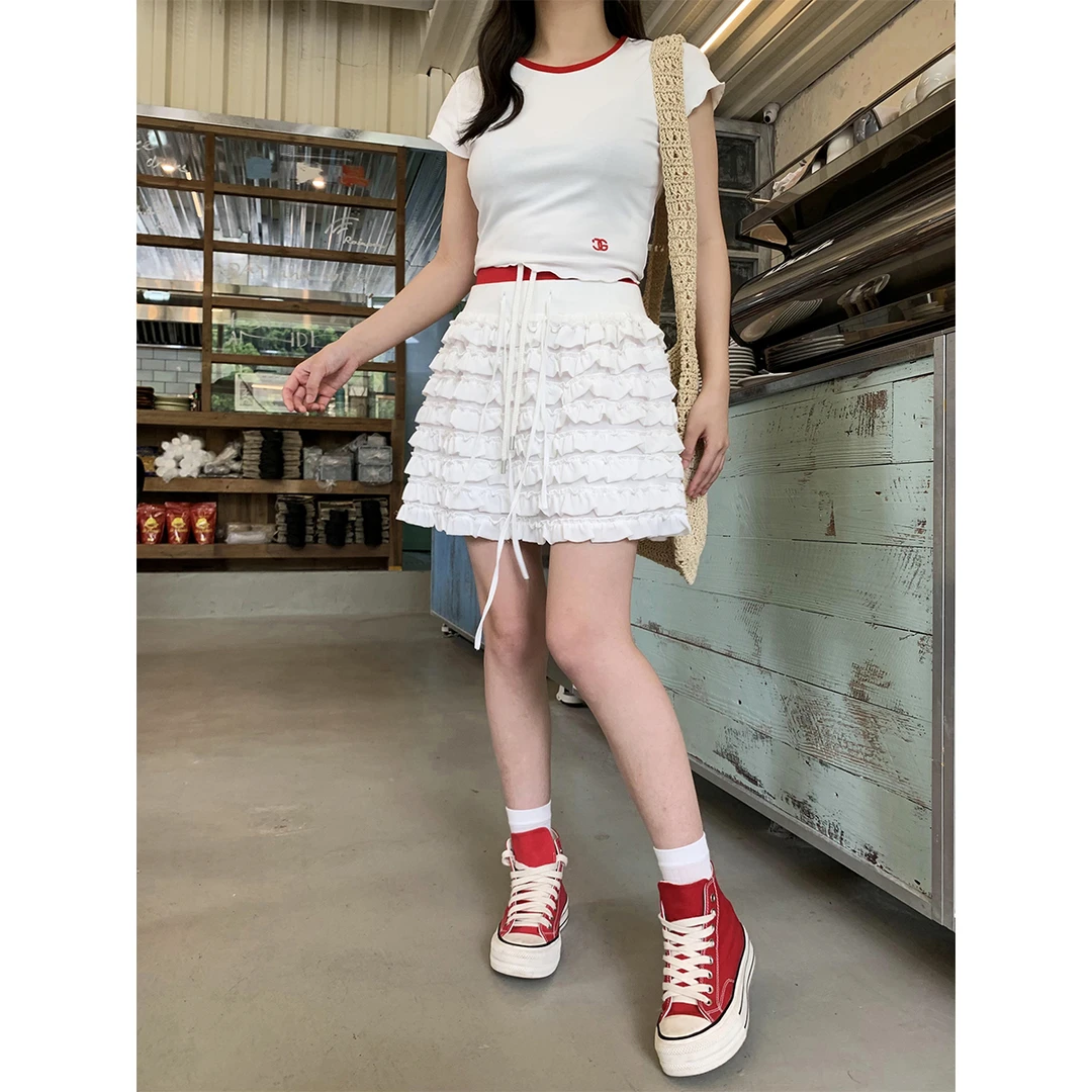 晶咕白标~u系乖妹~高腰抽绳辣妹A字短裙蛋糕蓬蓬裙显瘦半身裙白色