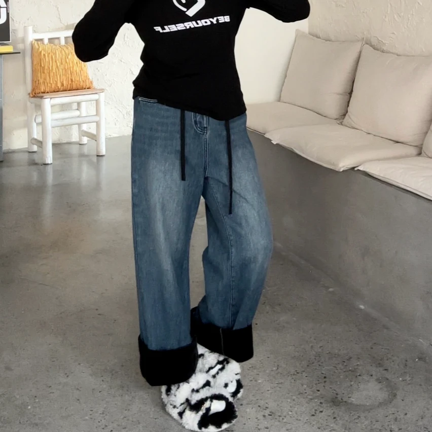 晶咕【满分牛仔】休闲宽松加绒韩版显瘦高腰复古牛仔裤