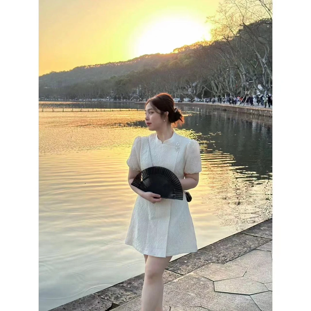 晶咕【南法优雅】微胖大码新中式后拉链短款连衣裙修身