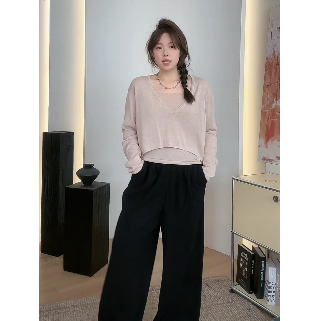 晶咕软软【晚时光】大圆领休闲针织长袖罩衫+吊带背心休闲两件套