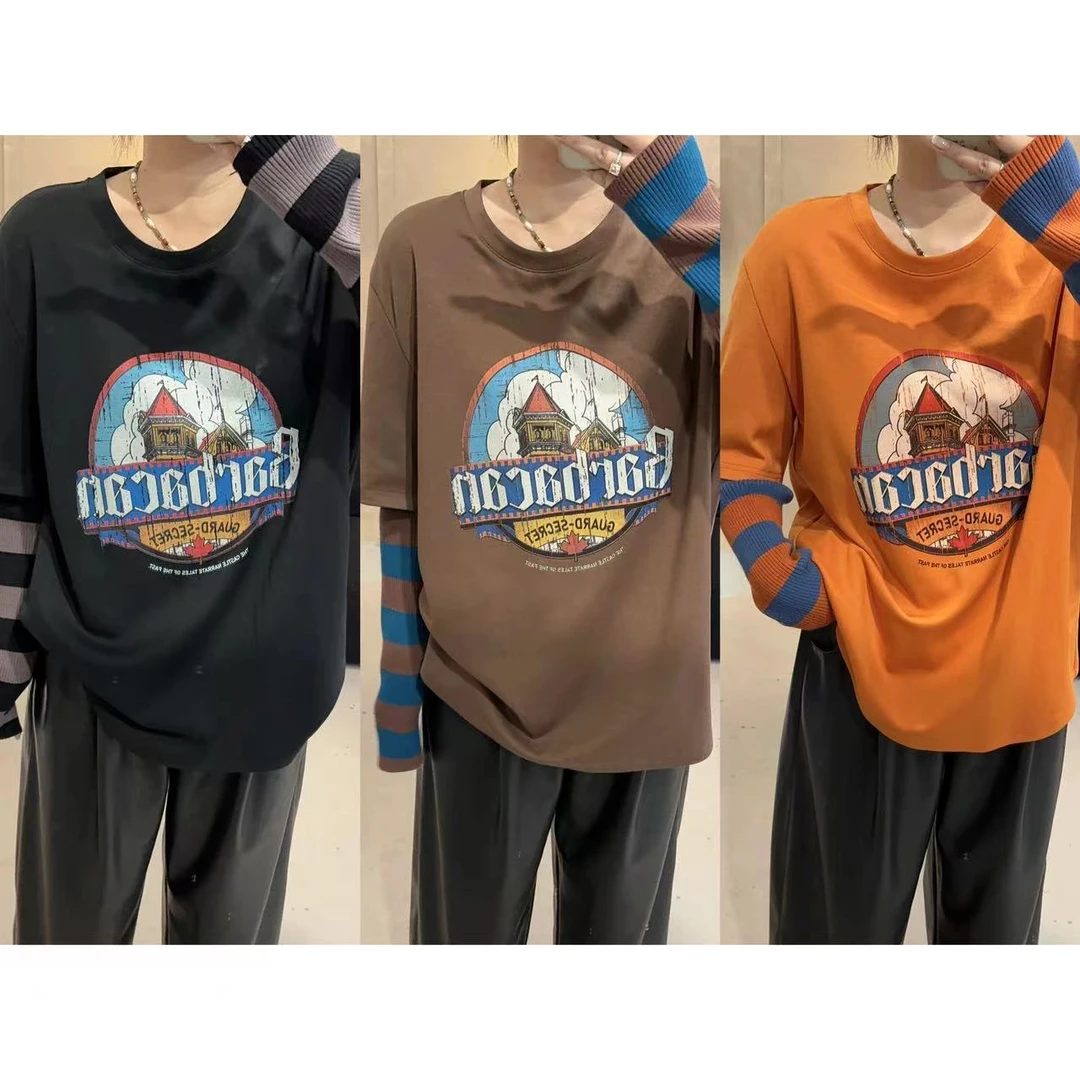 晶咕【条纹画报】图案印花针织条纹拼接假两件上衣长袖时尚休闲