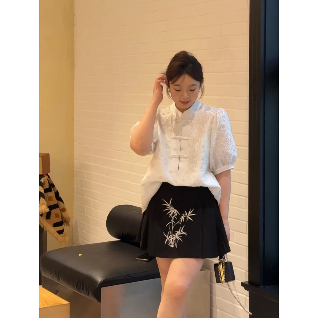 晶咕软软【兰亭书信】夏季时尚小立领新中式盘扣暗纹提花短袖上衣