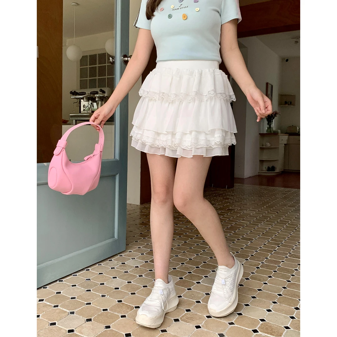 晶咕白标~芭蕾风蕾丝半身裙a字短裙女夏季蕾丝花边甜美可爱蛋糕裙