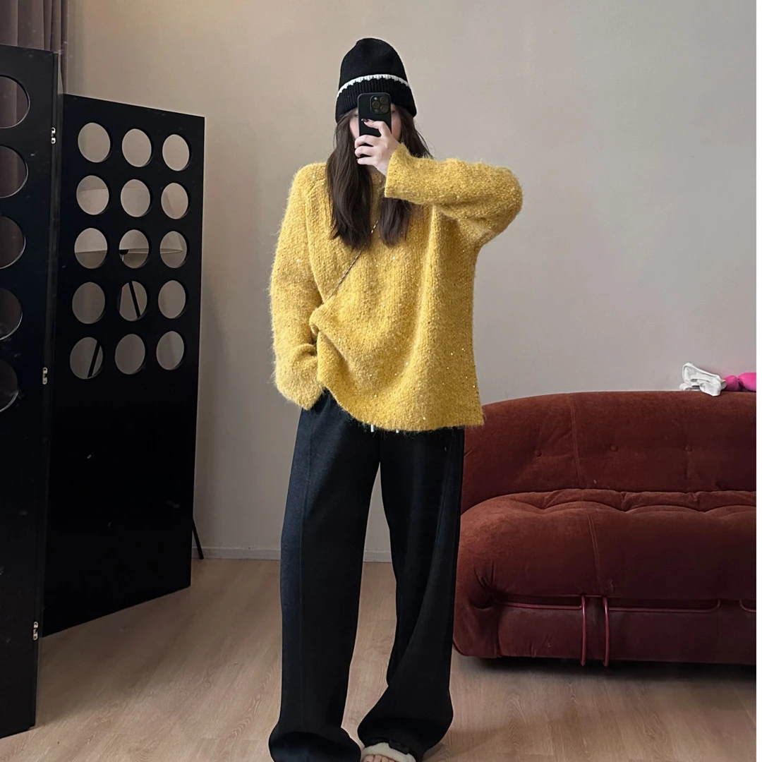 晶咕【闪闪星河】休闲秋冬韩版宽松圆领高级感亮片针织毛衣