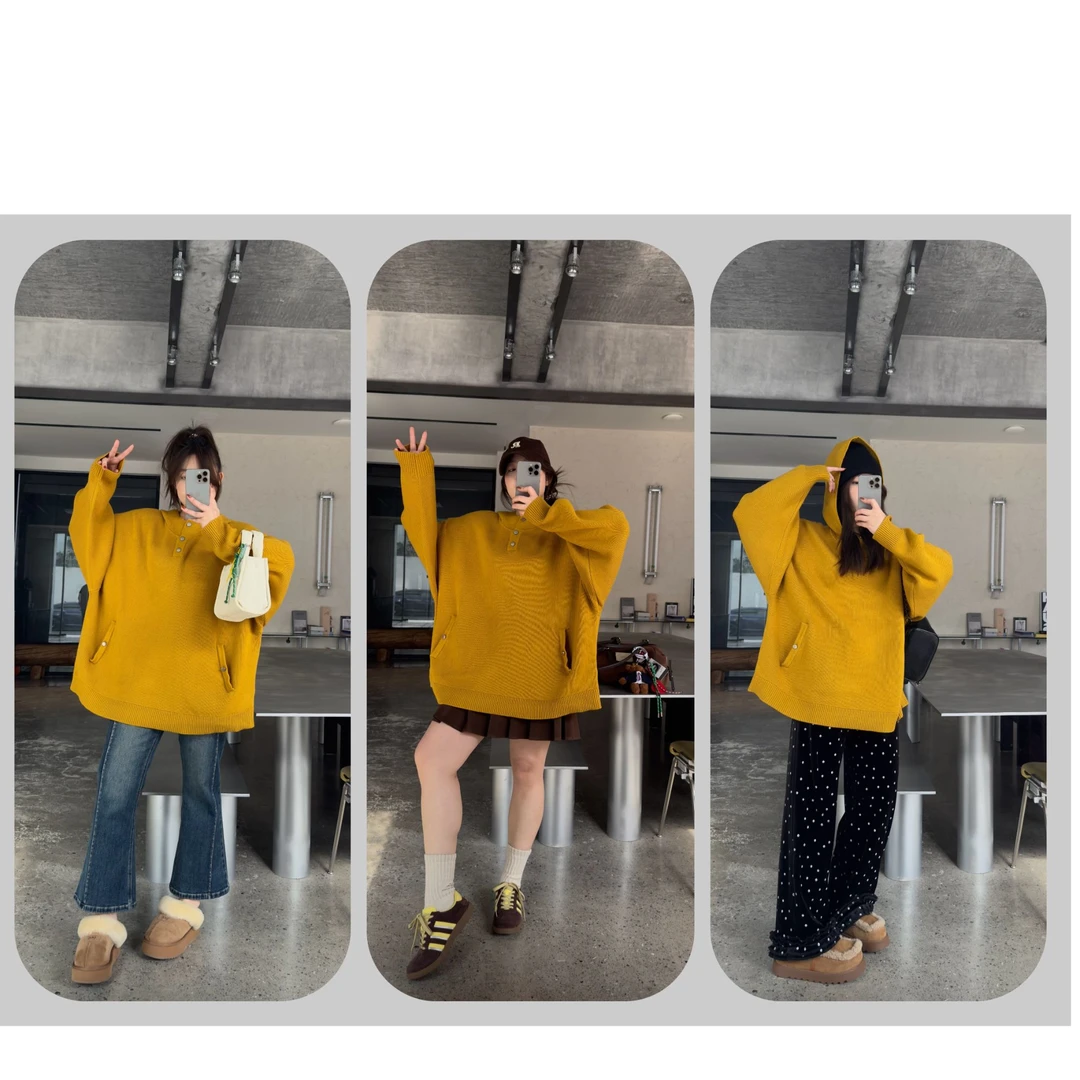 晶咕【廓形纸片人】秋冬韩版高领慵懒风美式百搭连帽针织毛衣