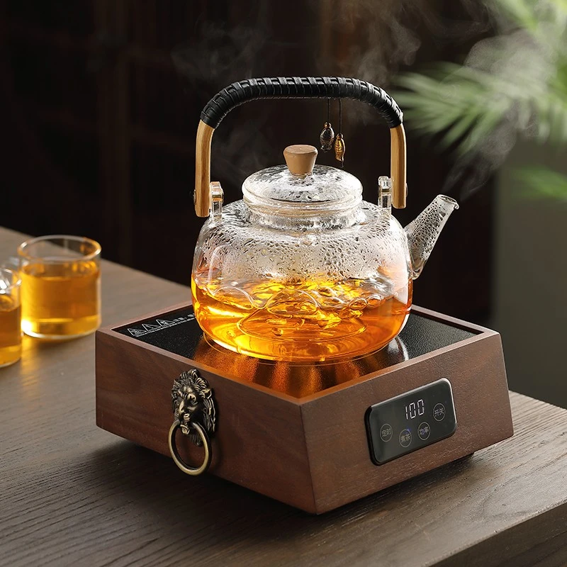 家用围炉烤茶胡桃木小型电陶炉玻璃蒸茶器烧水壶煮茶壶电热炉