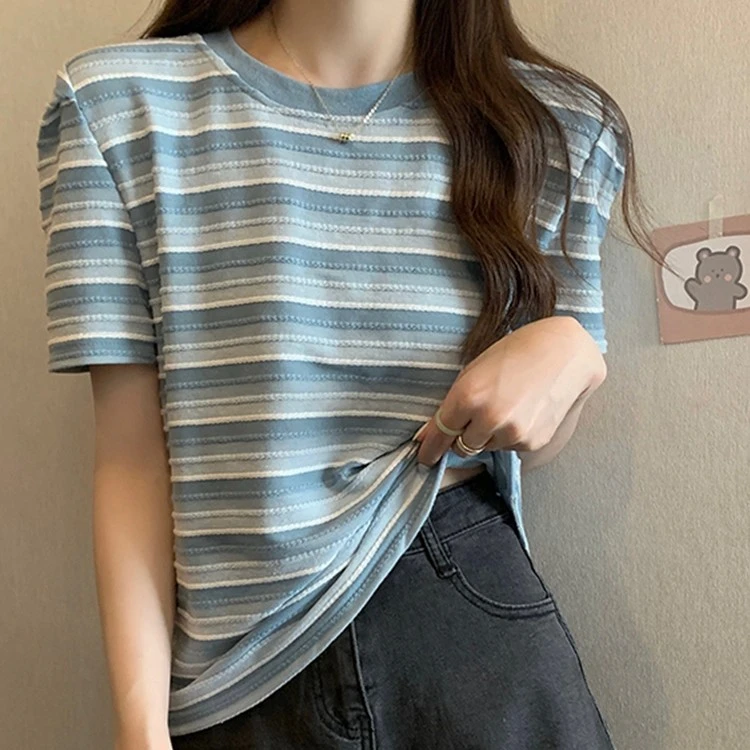 重工提花棉短袖T恤女宽松显瘦洋气条纹半袖设计感小众体恤上衣