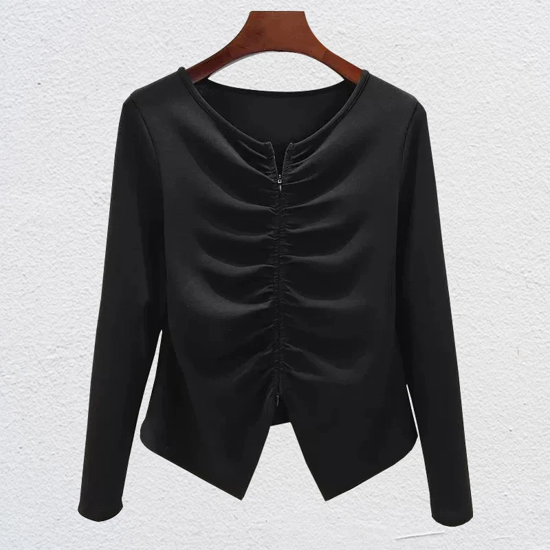 大码女装新款气质V领长袖T恤女黑色打底衫洋气修身双向拉链上衣