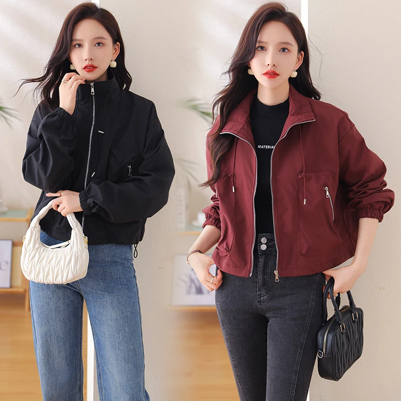 酒红色防风冲锋衣外套女装秋冬春季小个子短款修身宽松上衣潮洋气