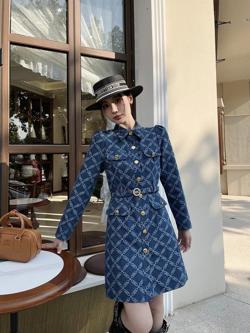 气质牛仔裙收腰秋季修身长袖中长款格纹连衣裙复古蓝色