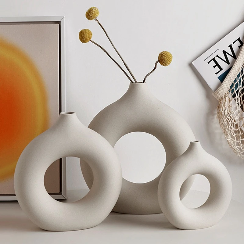 创意陶瓷花瓶ins甜甜圈花瓶摆件客厅酒柜装饰样板间工艺品网红款