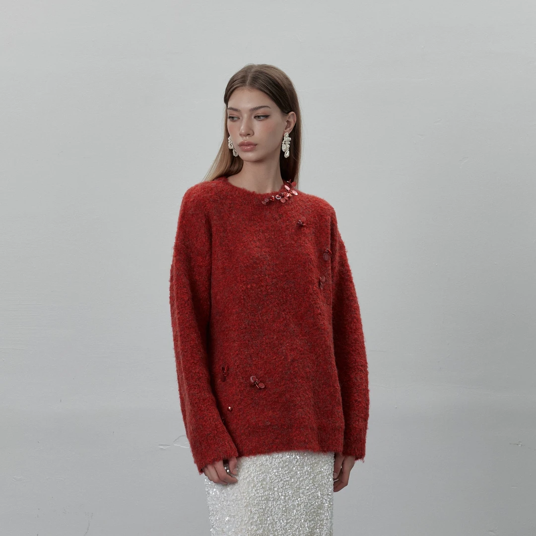 Lean Project手工重工珠花新年老钱风慵懒套头羊毛混纺圆领毛衣