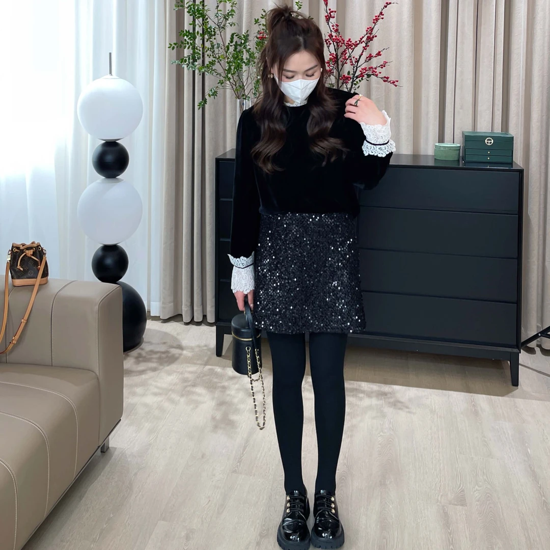 【流金岁月】初秋丝绒上衣领口蕾丝拼接时尚打底3NJ018