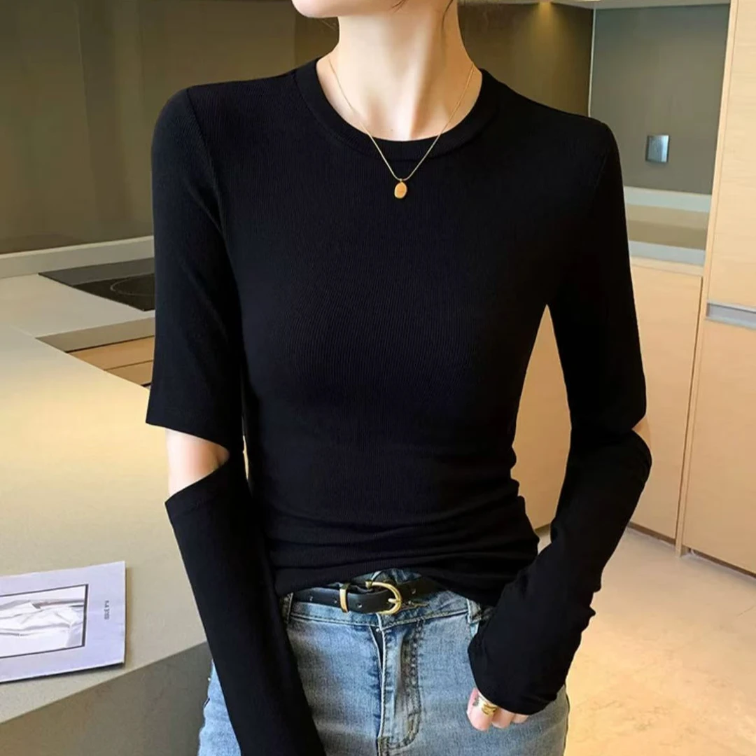 WL11秋冬圆领黑色T恤时尚打底休闲打底衫慵懒百搭长袖宽松简约款