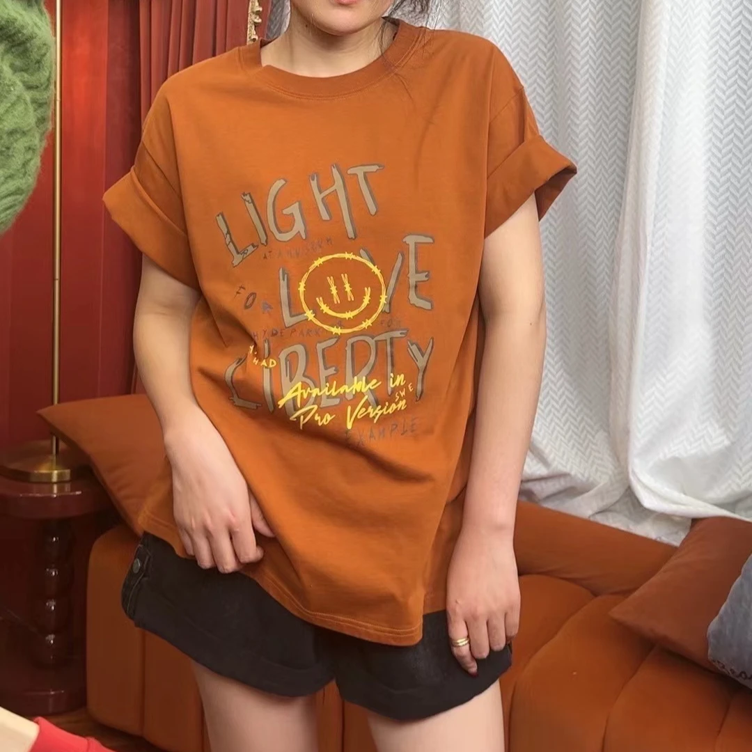 2348-2夏季爆款爱玛橙色双纱圆领女款印花短袖百搭休闲轻奢女T恤