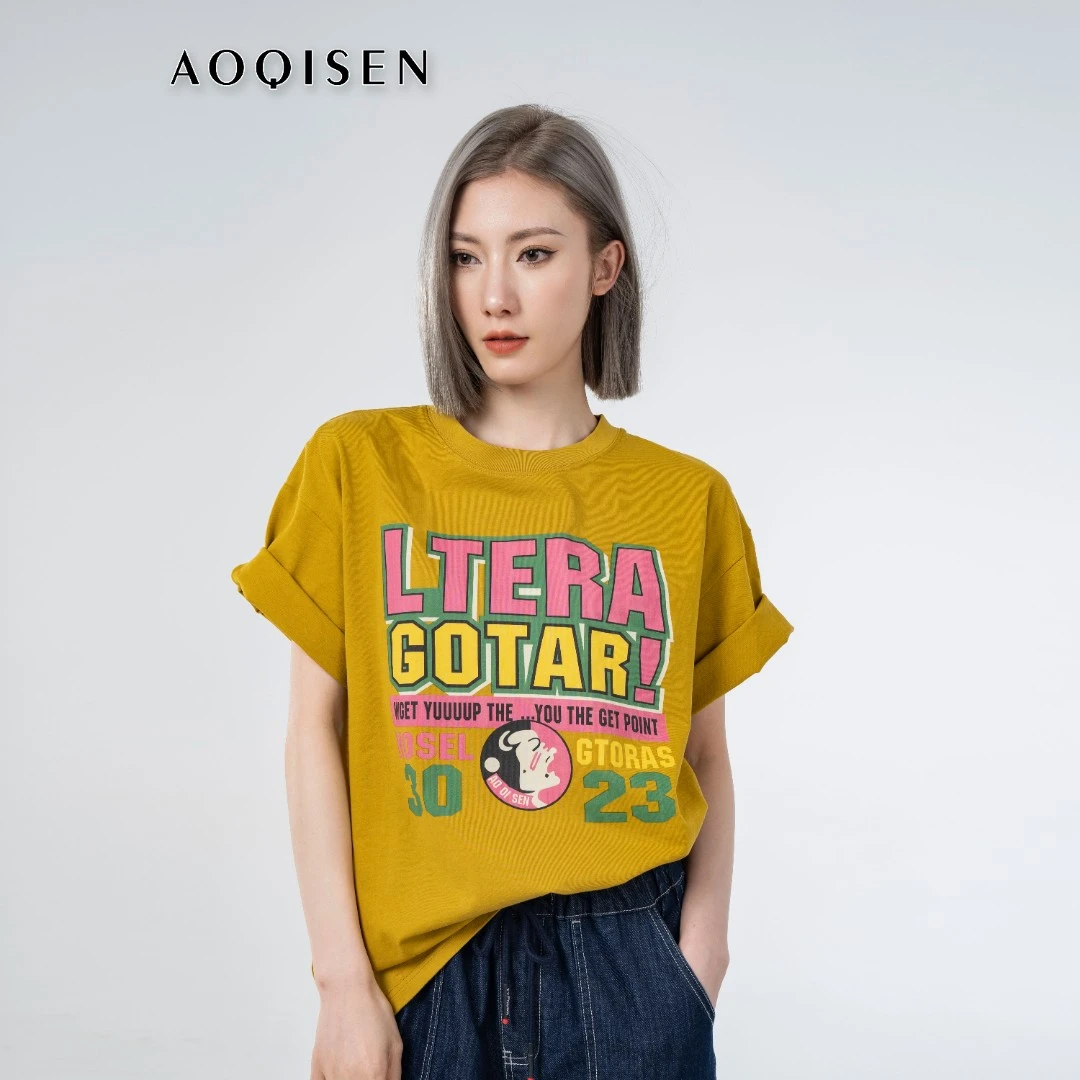2328-3夏季爆款姜黄色双纱圆领短袖女T恤时尚百搭字母印花图案