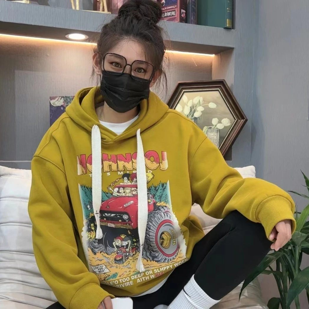 3003-8秋冬款复古姜黄色做旧加厚休闲连帽女卫衣潮流印花加绒情侣