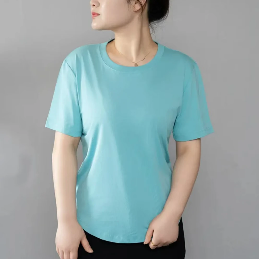 2626-1秋冬复古夏兰色圆领女装短袖爆款潮牌正肩宽松时尚女