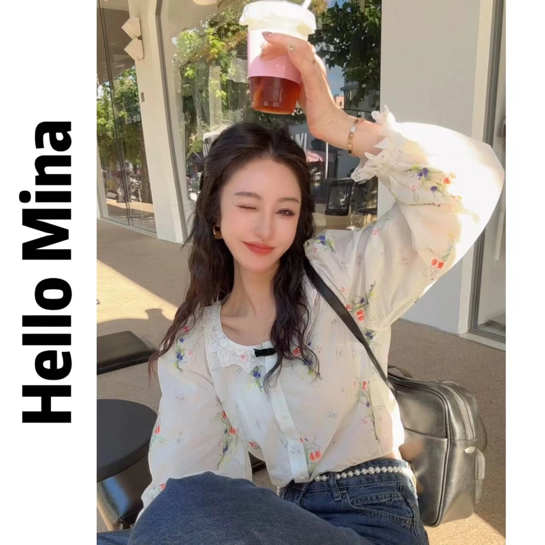 3800韩系小清新花边碎花衬衫