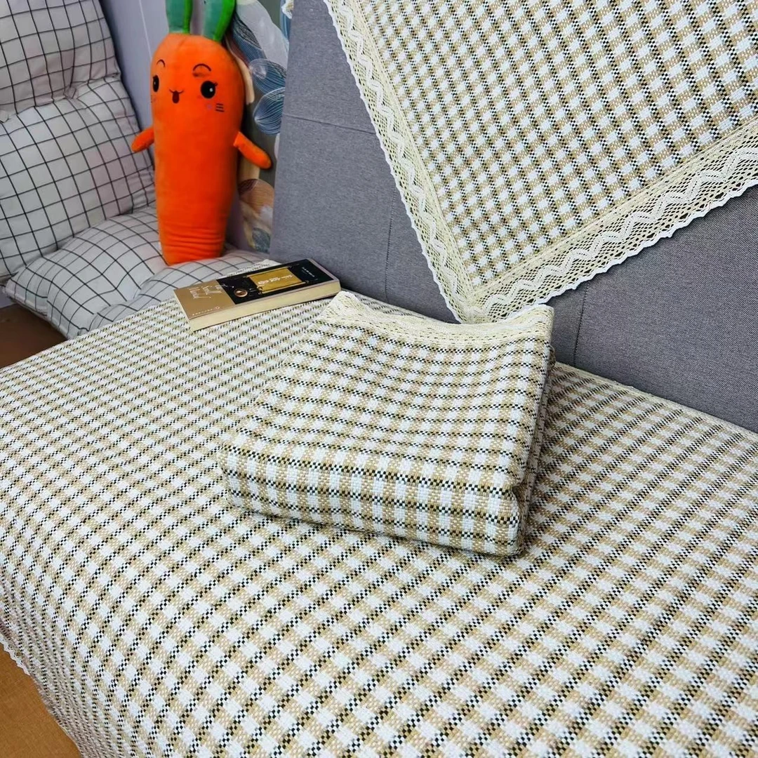 老粗布【沙发巾单条装】<小绿咖格>90X240cm<±5cm> 加厚 简约 透