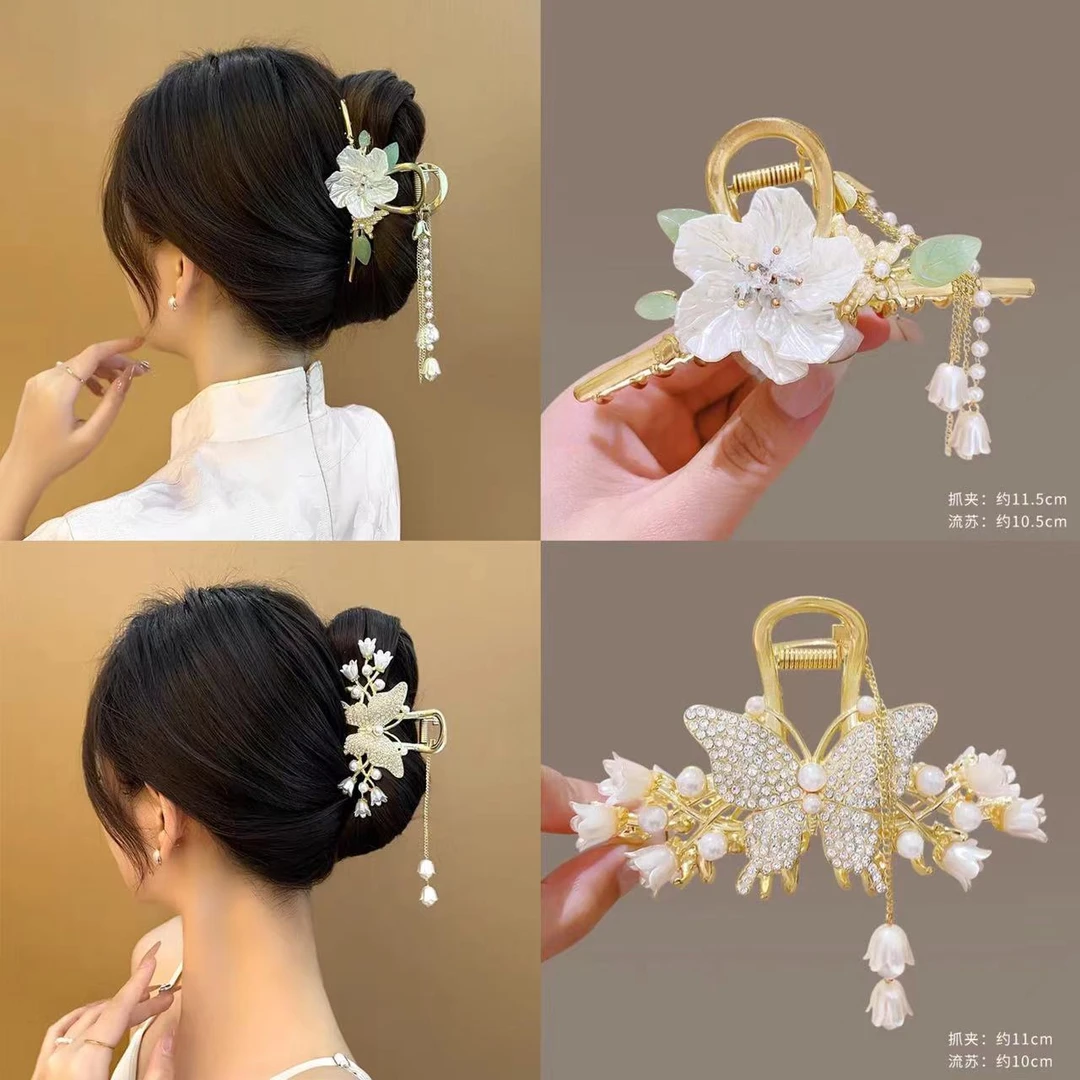 山茶花流苏抓夹后脑勺盘头发夹大号金属鲨鱼夹子发卡高级古风头饰